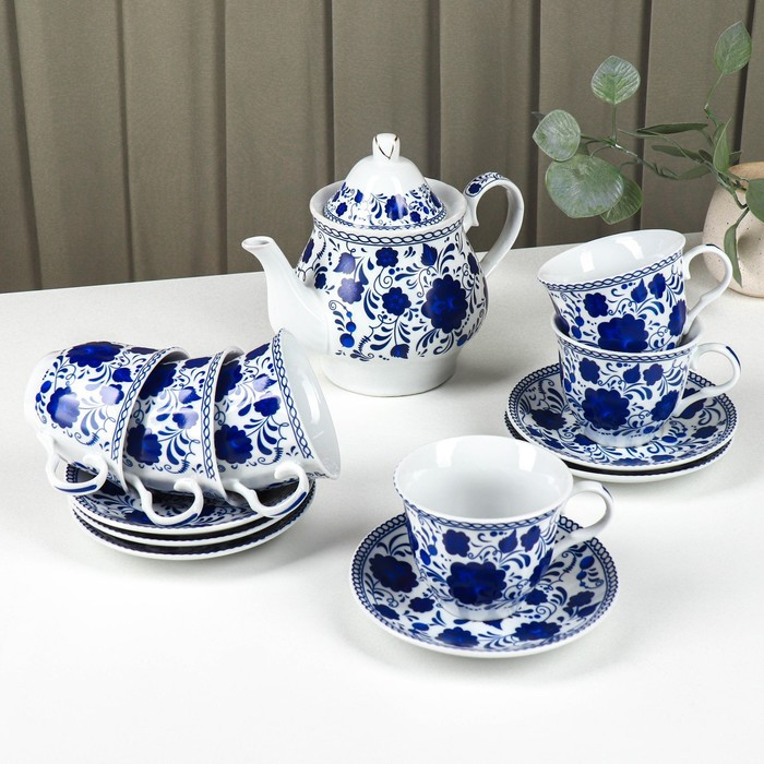 Сервиз керамический чайный Доляна «Русский узор»,13 предметов на подставке: 6 чашек 210 мл, 6 блюдец, чайник - фото 3 - id-p224965451