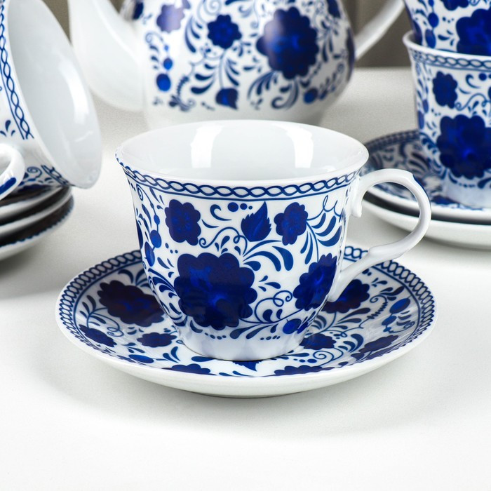 Сервиз керамический чайный Доляна «Русский узор»,13 предметов на подставке: 6 чашек 210 мл, 6 блюдец, чайник - фото 4 - id-p224965451