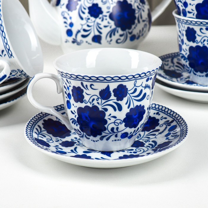 Сервиз керамический чайный Доляна «Русский узор»,13 предметов на подставке: 6 чашек 210 мл, 6 блюдец, чайник - фото 5 - id-p224965451