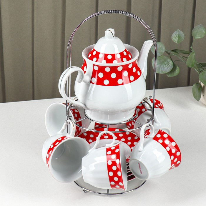 Сервиз чайный керамический на металлической подставке Доляна «Горох»,13 предметов на подставке: 6 чашек 210 - фото 2 - id-p224965452