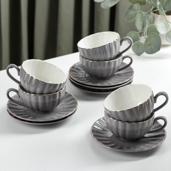 Сервиз фарфоровый чайный Доляна «Вивьен», 12 предметов: 6 чашек 200 мл, 6 блюдец d=15 см, цвет серый - фото 1 - id-p224965454