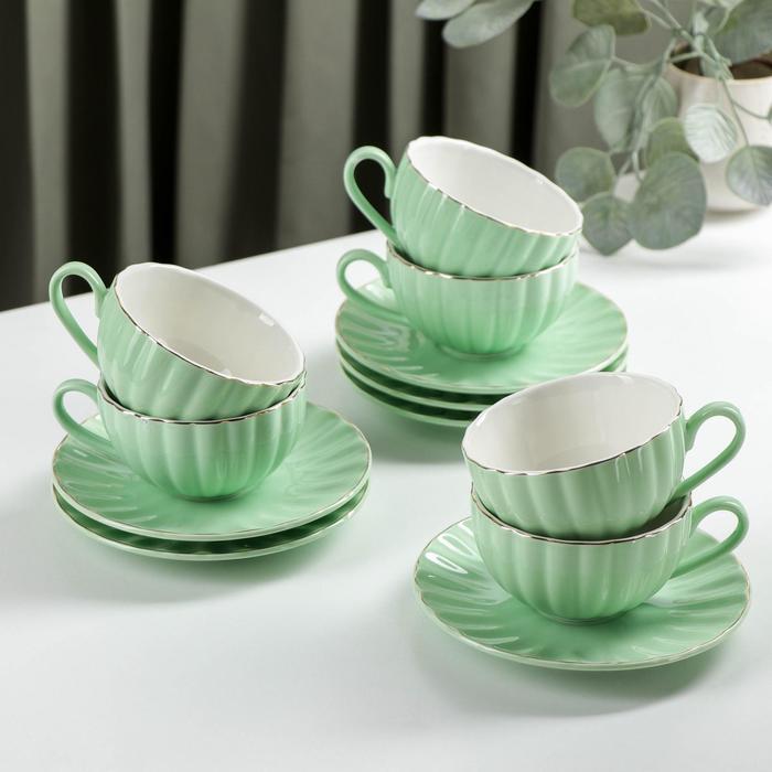 Сервиз фарфоровый чайный Доляна «Вивьен», 12 предметов: 6 чашек 200 мл, 6 блюдец d=15 см, цвет зелёный - фото 1 - id-p224965455