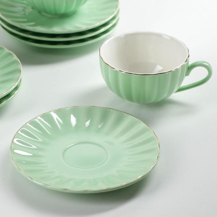 Сервиз фарфоровый чайный Доляна «Вивьен», 12 предметов: 6 чашек 200 мл, 6 блюдец d=15 см, цвет зелёный - фото 2 - id-p224965455