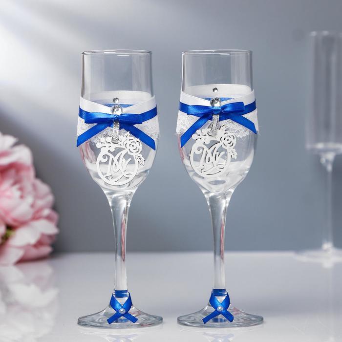 Набор свадебных бокалов "Романтика", ручной работы, синий-серебро, 6х6х20,5 см - фото 1 - id-p224966038
