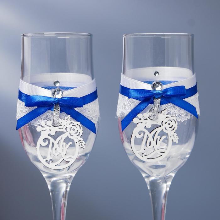 Набор свадебных бокалов "Романтика", ручной работы, синий-серебро, 6х6х20,5 см - фото 2 - id-p224966038