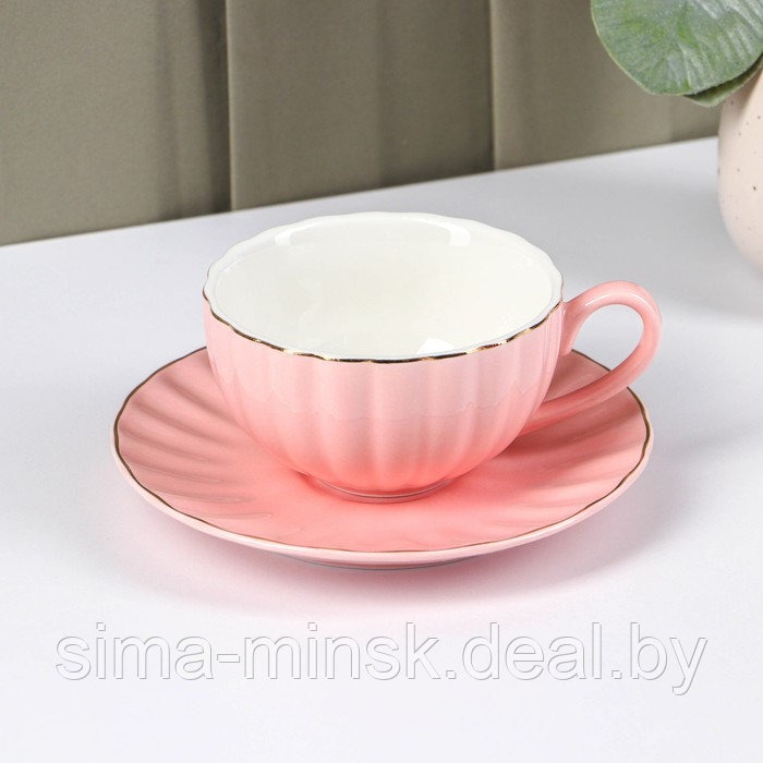 Чайная пара фарфоровая Доляна «Вивьен», 2 предмета: чашка 200 мл, блюдце d=15 см, цвет розовый - фото 1 - id-p224983573