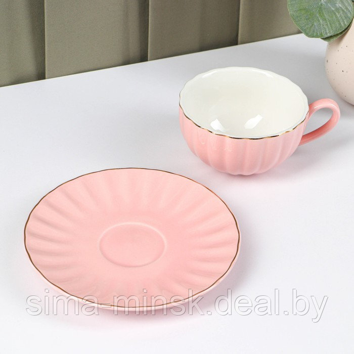 Чайная пара фарфоровая Доляна «Вивьен», 2 предмета: чашка 200 мл, блюдце d=15 см, цвет розовый - фото 2 - id-p224983573