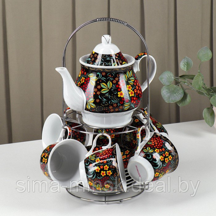 Сервиз чайный керамический на металлической подставке Доляна «Хохлома», 13 предметов: 6 чашек 210 мл, 6 блюдец - фото 1 - id-p224983589