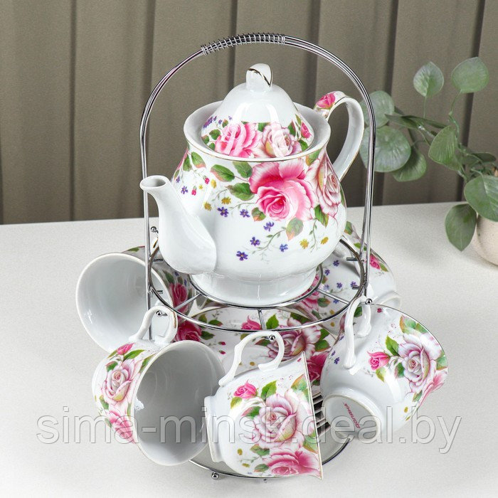 Сервиз керамический чайный на металлической подставке Доляна «Томная роза», 13 предметов: 6 чашек 230 мл, 6 - фото 1 - id-p224983590