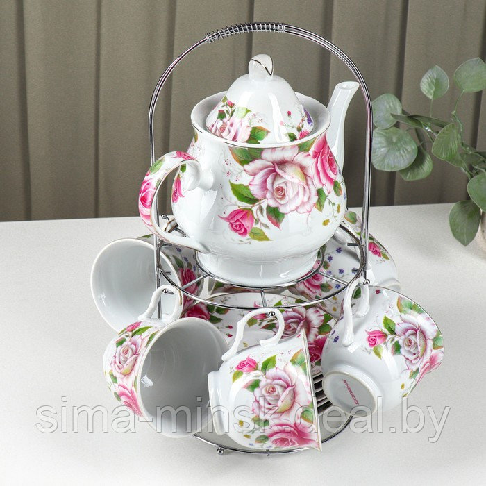 Сервиз керамический чайный на металлической подставке Доляна «Томная роза», 13 предметов: 6 чашек 230 мл, 6 - фото 2 - id-p224983590