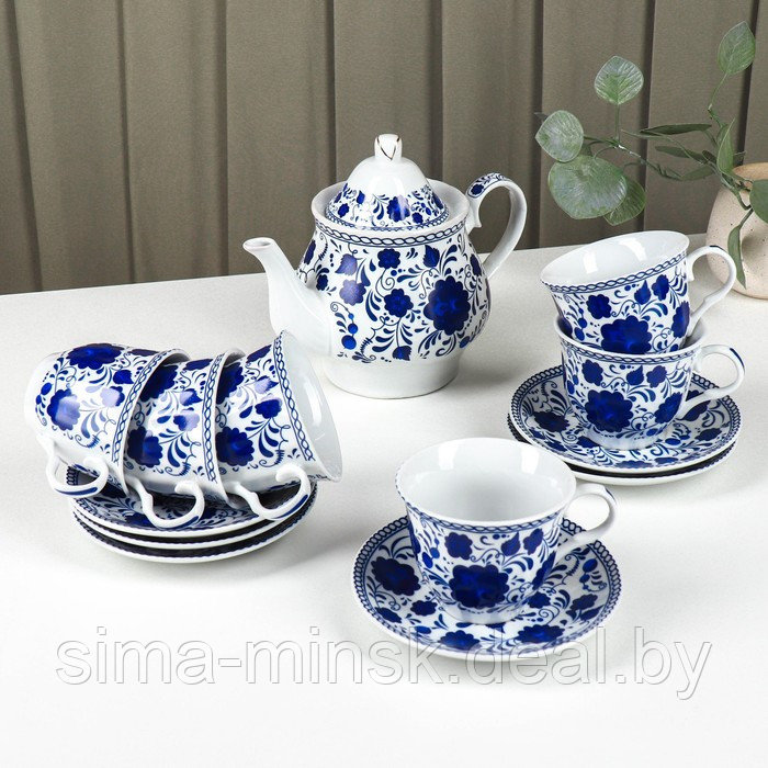 Сервиз керамический чайный Доляна «Русский узор»,13 предметов на подставке: 6 чашек 210 мл, 6 блюдец, чайник - фото 3 - id-p224983591