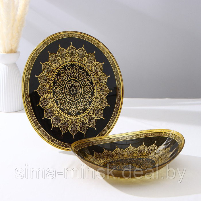 Набор тарелок «Мехенди», 2 предмета: d=28,5 см, d=30.5 см, цвет золотой с чёрным, стекло - фото 1 - id-p224983805