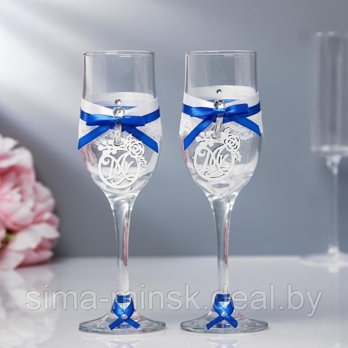 Набор свадебных бокалов "Романтика", ручной работы, синий-серебро, 6х6х20,5 см - фото 1 - id-p224983821