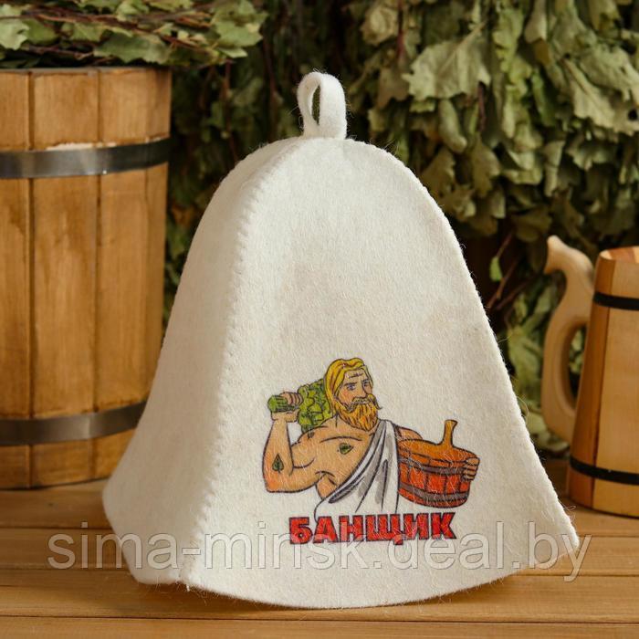 Набор для бани "Банщик" 5 в 1 (сумка,шапка,варежка,коврик,мочалка) с принтом, белый - фото 2 - id-p224984150