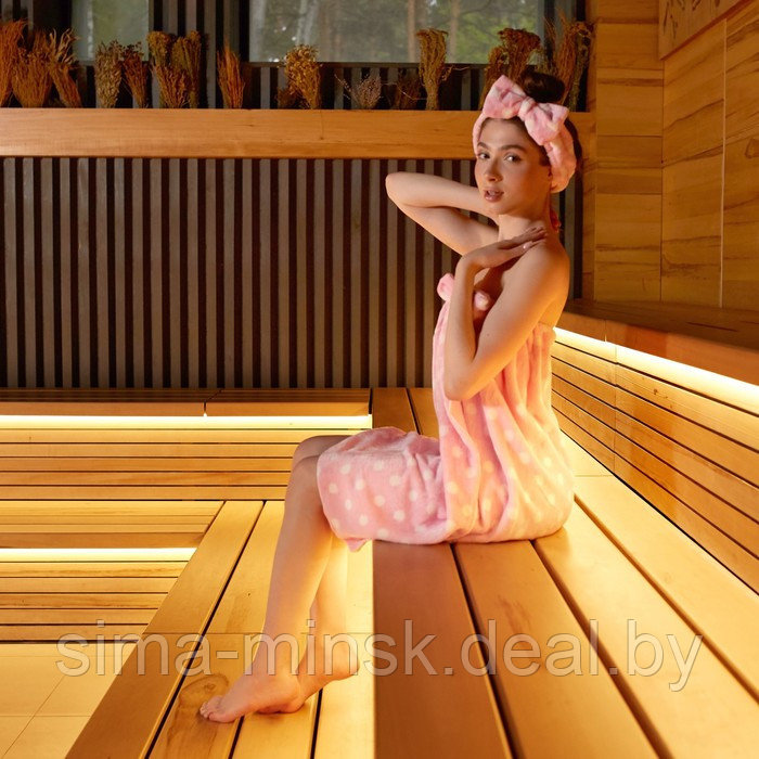 Набор для бани и ванной Этель "Горох" полотенце-парео 75*120 см+повязка, цв.розовый - фото 2 - id-p224984151