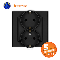 Двойная розетка с заземлением schuko 2х(2P+Z) (с защитными шторками) Karlik Mini, черный матовый