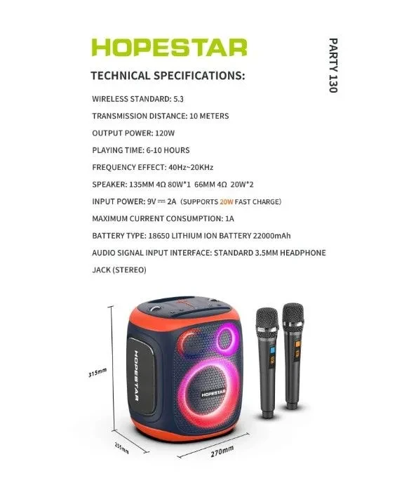 Беспроводная портативная акустика колонка 120W караоке с двумя микрофонами Bluetooth блютуз Hopestar Party 130 - фото 2 - id-p225036764