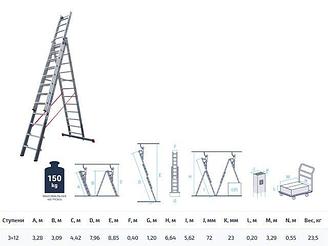 Лестница алюм. 3-х секц. 309/796/328см 3х12 ступ., 23,5кг  NV5230 Новая Высота (макс. нагрузка 150кг)