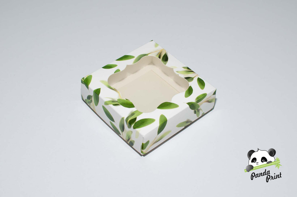 Коробка с прозрачным окном 120х120х40 Олива зеленая (белое дно)
