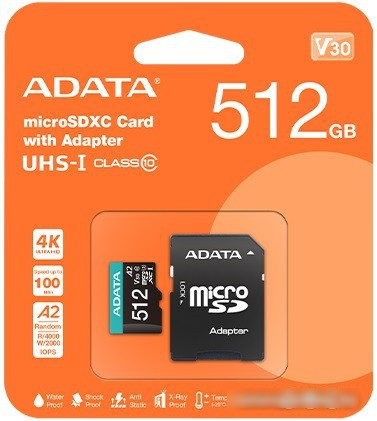 Карта памяти ADATA Premier AUSDX512GUICL10A1-RA1 microSDXC 512GB (с адаптером) - фото 1 - id-p225058211
