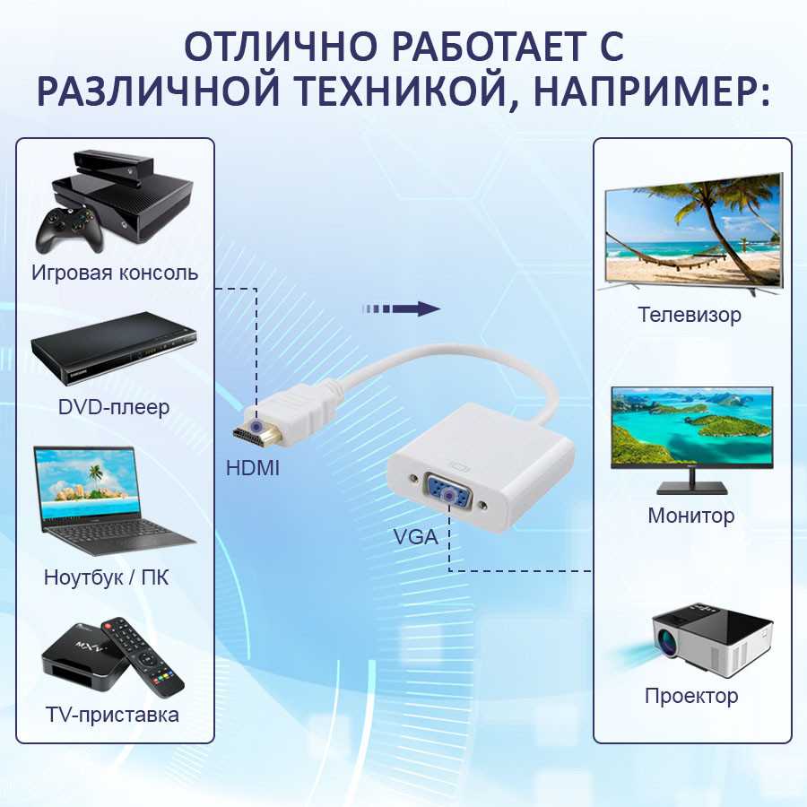Адаптер - переходник HDMI - VGA, белый 555548 - фото 3 - id-p225058620