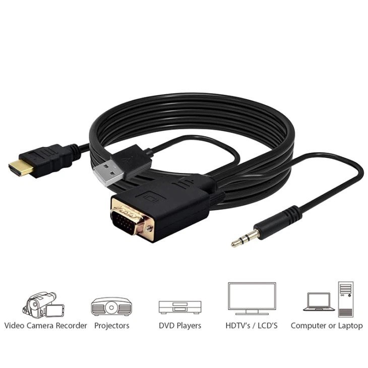 Кабель HDMI - VGA - jack 3.5mm (AUX) - USB, FullHD 1080p, 1,8 метра, черный 556384 - фото 3 - id-p225058761