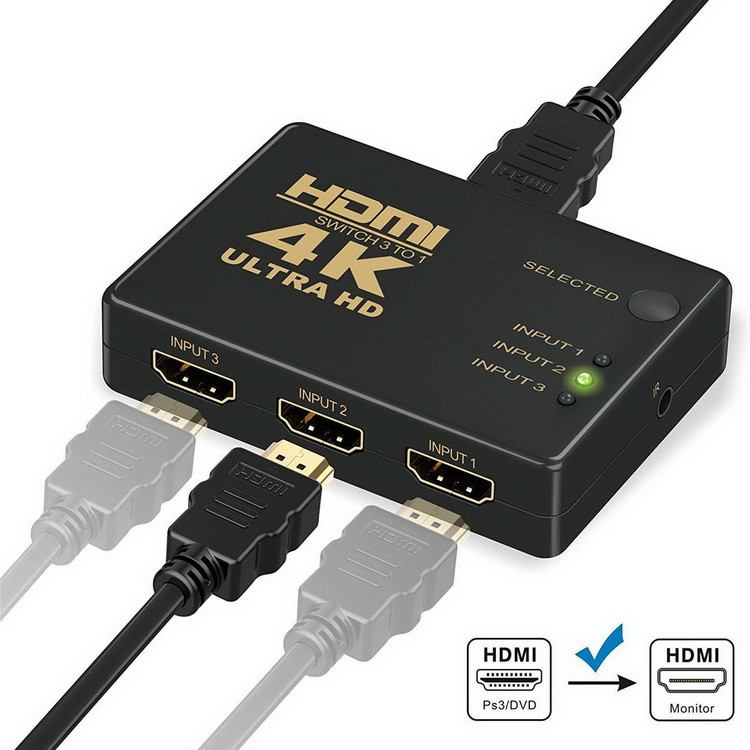 Адаптер - переключатель - свитч 3×1 HDMI, UltraHD 4K 3D, пульт, внешний ИК-датчик, активный, черный 555556 - фото 4 - id-p225058780