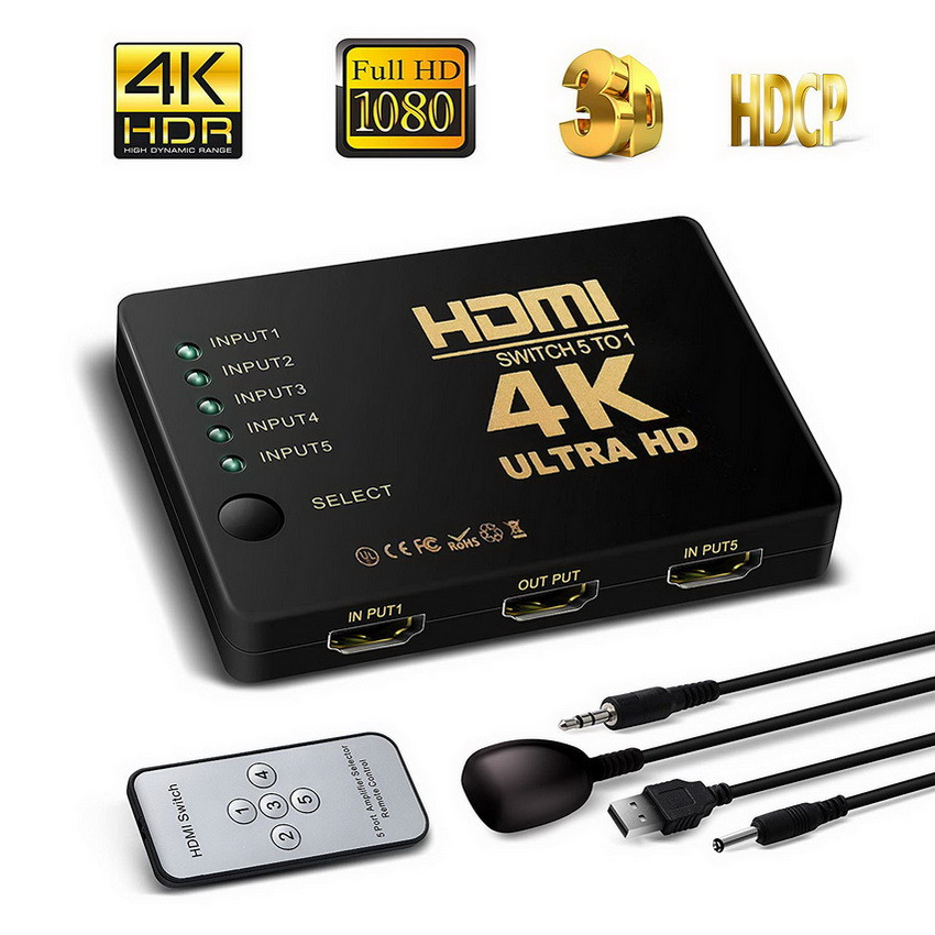Адаптер - переключатель - свитч 5×1 HDMI, UltraHD 4K 3D, пульт, внешний ИК-датчик, активный, черный 555557 - фото 2 - id-p225058781