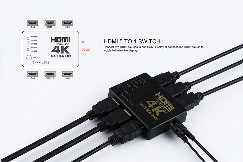 Адаптер - переключатель - свитч 5×1 HDMI, UltraHD 4K 3D, пульт, внешний ИК-датчик, активный, черный 555557 - фото 4 - id-p225058781
