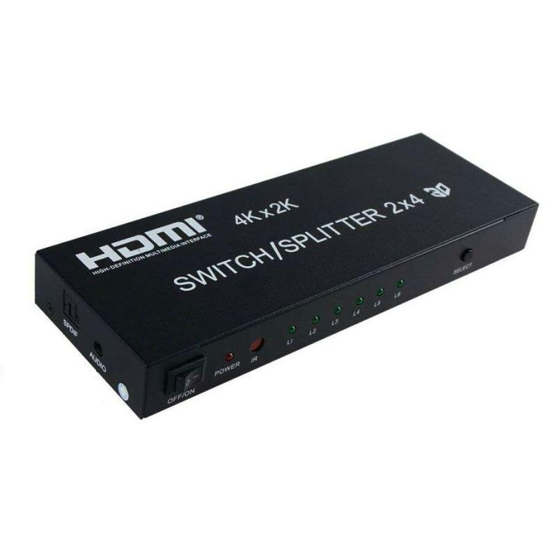 Матричный коммутатор - свитч-сплиттер 2×4 HDMI, 4K 3D, оптика (Toslink/SPDIF), jack 3.5mm (AUX), пульт, черный - фото 1 - id-p225058785