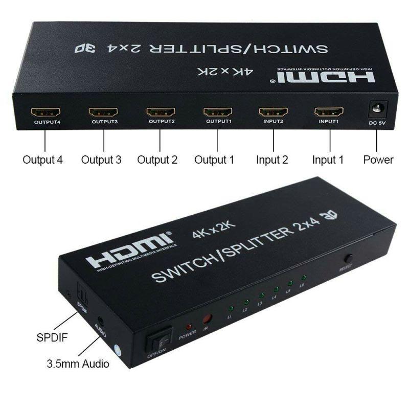 Матричный коммутатор - свитч-сплиттер 2×4 HDMI, 4K 3D, оптика (Toslink/SPDIF), jack 3.5mm (AUX), пульт, черный - фото 3 - id-p225058785