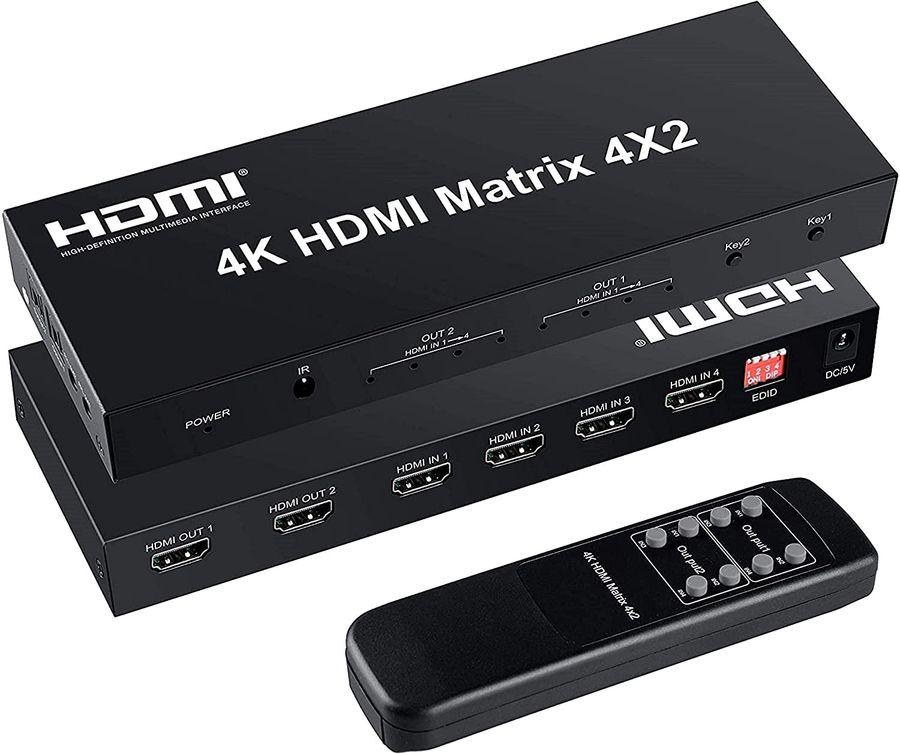 Матричный коммутатор - свитч-сплиттер 4×2 HDMI, 4K 3D, оптика (Toslink/SPDIF), jack 3.5mm (AUX), пульт, черный - фото 1 - id-p225058786