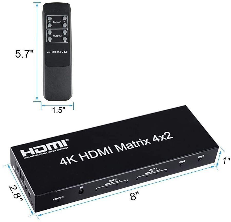 Матричный коммутатор - свитч-сплиттер 4×2 HDMI, 4K 3D, оптика (Toslink/SPDIF), jack 3.5mm (AUX), пульт, черный - фото 6 - id-p225058786