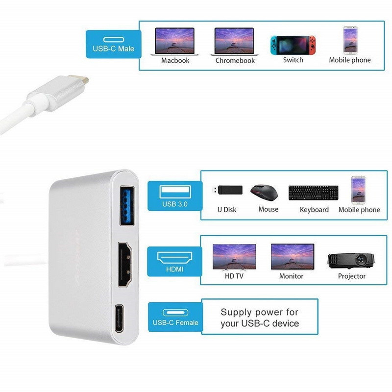 Адаптер - переходник - хаб USB3.1 Type-C на HDMI - USB3.1 Type-C - USB3.0, серебро 555068 - фото 4 - id-p225058791