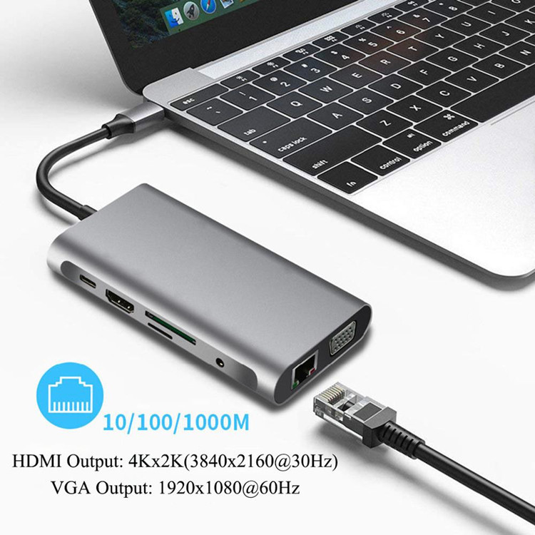 Адаптер - переходник - хаб 8in1 USB3.1 Type-C на HDMI - VGA - 3x USB3.0 - RJ45 (LAN) до 1000 Мбит/с - jack - фото 4 - id-p225058794