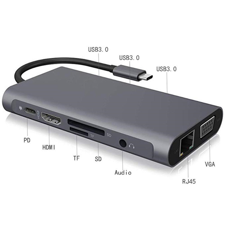 Адаптер - переходник - хаб 8in1 USB3.1 Type-C на HDMI - VGA - 3x USB3.0 - RJ45 (LAN) до 1000 Мбит/с - jack - фото 5 - id-p225058794