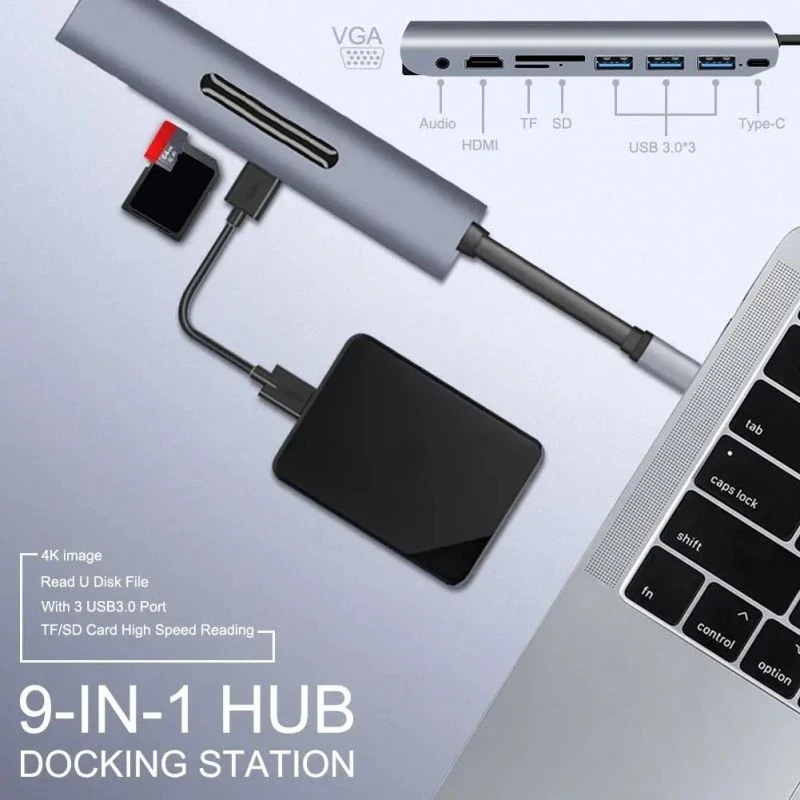 Адаптер - переходник - хаб 9in1 USB3.1 Type-C на HDMI - VGA - 3x USB3.0 - USB3.1 Type-C - jack 3.5mm (AUX) - - фото 4 - id-p225058800