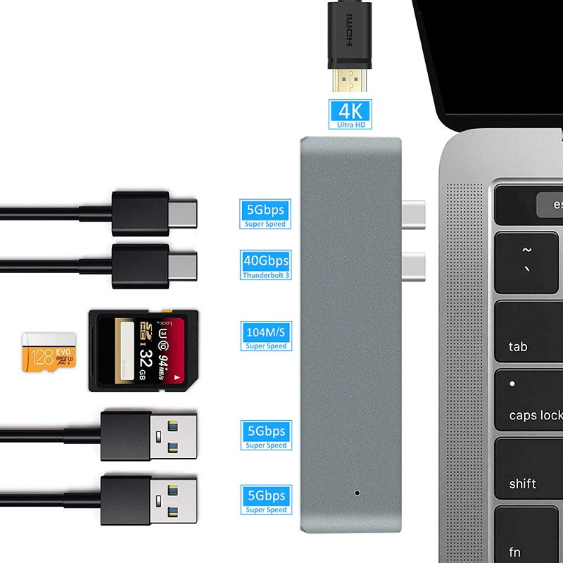 Адаптер - переходник - хаб 7in1 2x USB3.1 Type-C на HDMI - 2x USB3.0 - 2x USB3.1 Type-C - картридер TF/SD, - фото 5 - id-p225058801