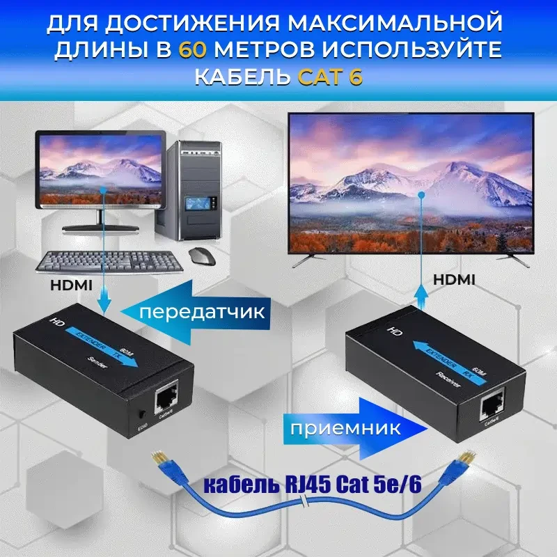 Удлинитель сигнала HDMI по витой паре RJ45 (LAN) до 60 метров, активный, FullHD 1080p, комплект, черный 555575 - фото 3 - id-p225058806