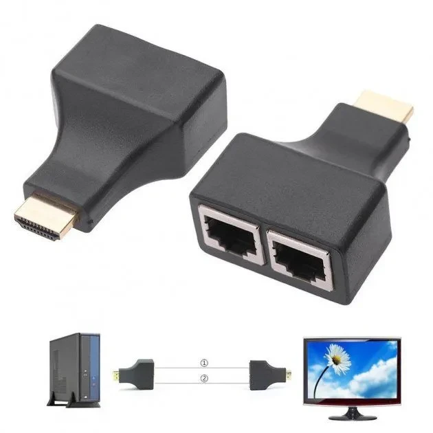 Удлинитель сигнала HDMI по витой паре 2x RJ45 (LAN) до 30 метров, пассивный, комплект, черный 555584 - фото 2 - id-p225058809