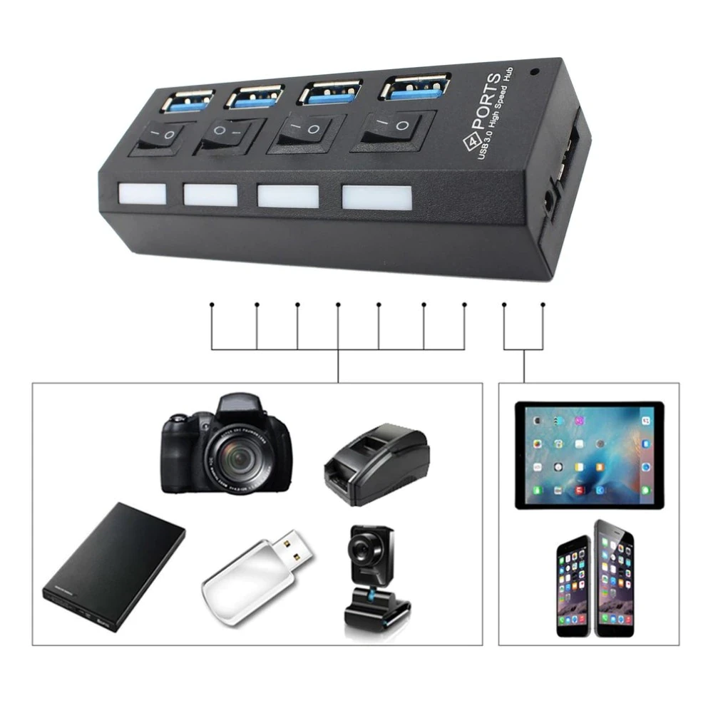 Хаб - концентратор USB3.0 - 4х USB3.0, вертикальный с кнопками, активный, черный 556520 - фото 3 - id-p225058883