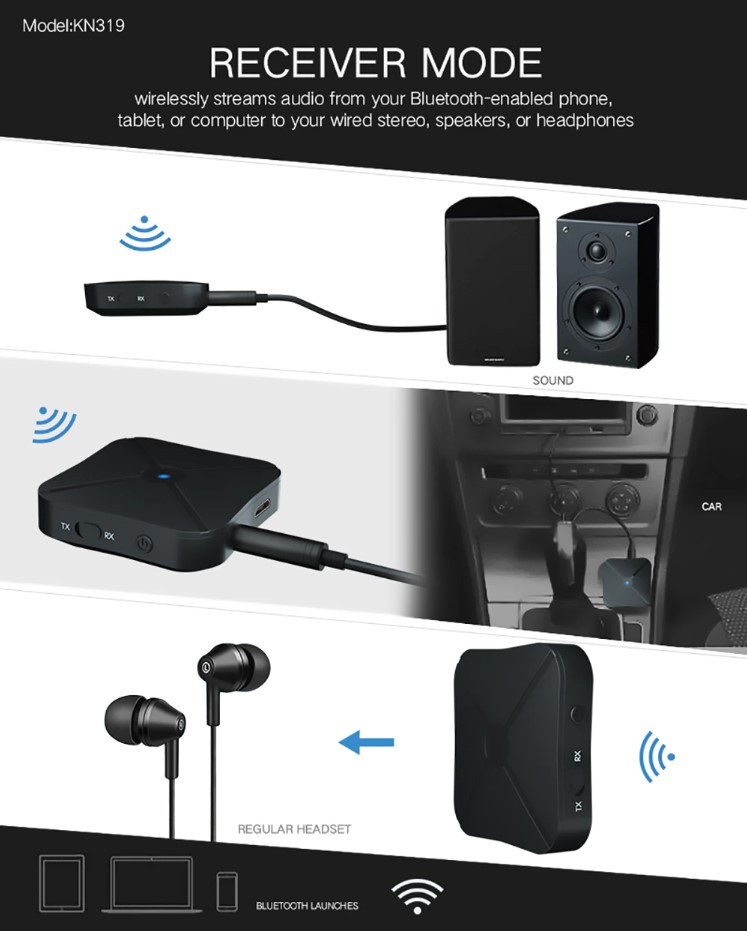 Беспроводной аудио адаптер Bluetooth v4.2 RX/TX приемник-передатчик KN319, черный 556221 - фото 5 - id-p225058996