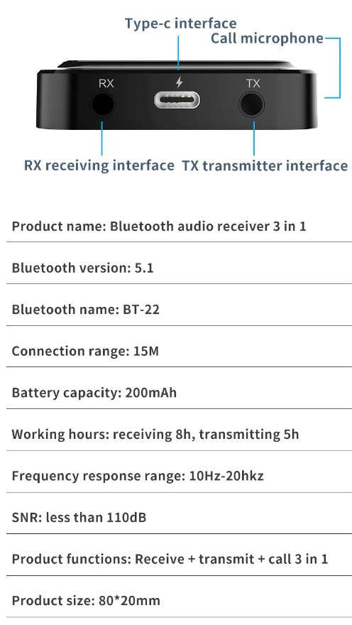 Беспроводной аудио адаптер Bluetooth v5.1 RX/TX приемник-передатчик BT-22 с микрофоном (Handsfree), черный - фото 5 - id-p225058998