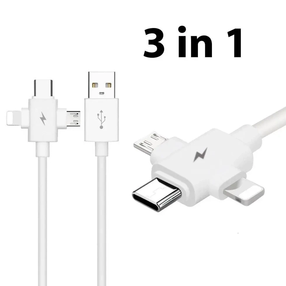 Универсальный зарядный кабель 3-в-1 USB Type-C - Lightning - MicroUSB, 3А, 1.5 метра, белый 556688 - фото 1 - id-p225060354