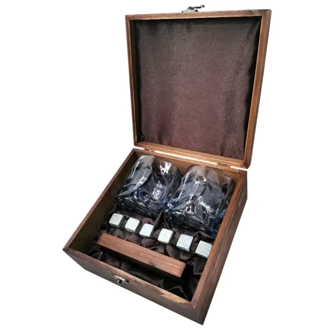 Подарочный набор для виски в деревянной шкатулке с камнями AmiroTrend ABW-304 brown transparent blue - фото 1 - id-p225061458