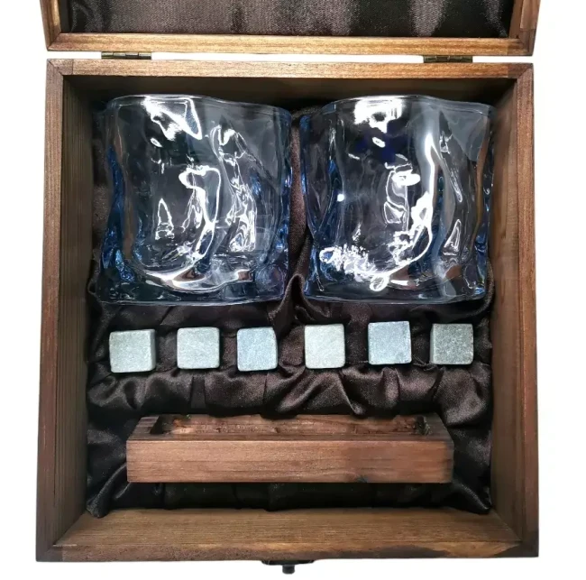 Подарочный набор для виски в деревянной шкатулке с камнями AmiroTrend ABW-304 brown transparent blue - фото 5 - id-p225061458