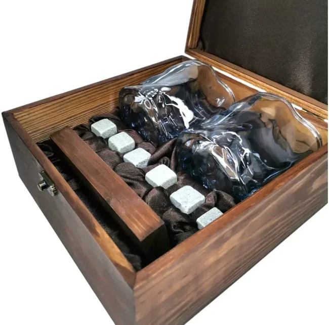 Подарочный набор для виски в деревянной шкатулке с камнями AmiroTrend ABW-304 brown transparent blue - фото 7 - id-p225061458