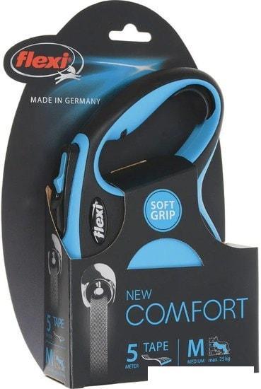 Поводок-рулетка Flexi New Comfort M Tape 5 м (голубой/черный) - фото 2 - id-p224844179