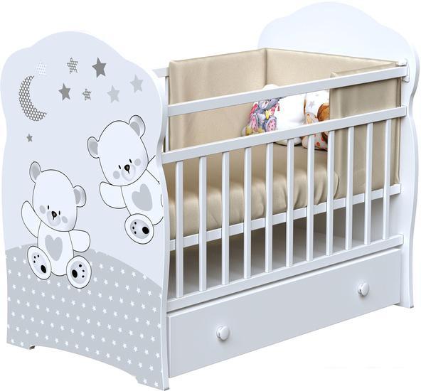 Классическая детская кроватка VDK Funny Bears маятник и ящик (белый) - фото 1 - id-p224843644
