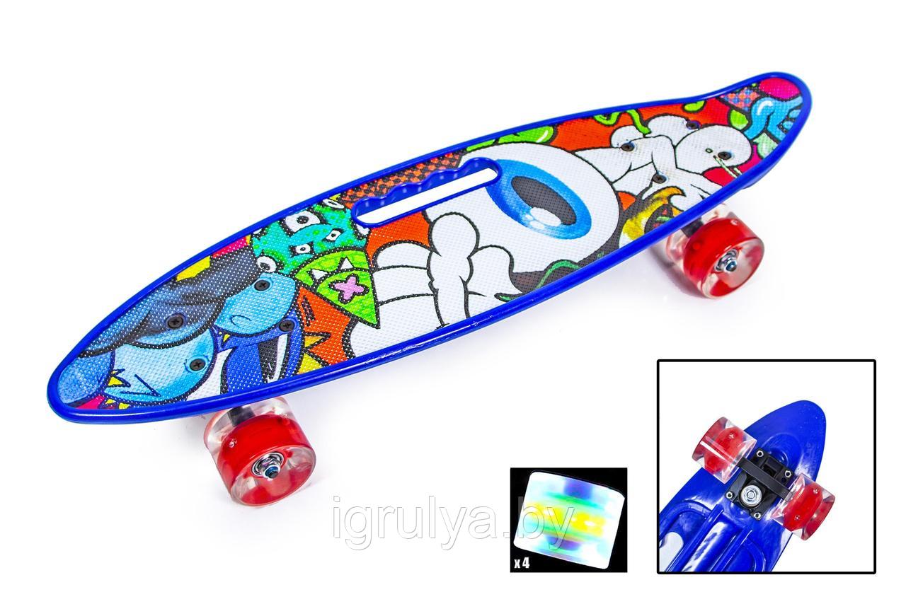 Пенни борд (скейтборд) со светящимися колесами 60 см, синий принт - фото 1 - id-p225095678